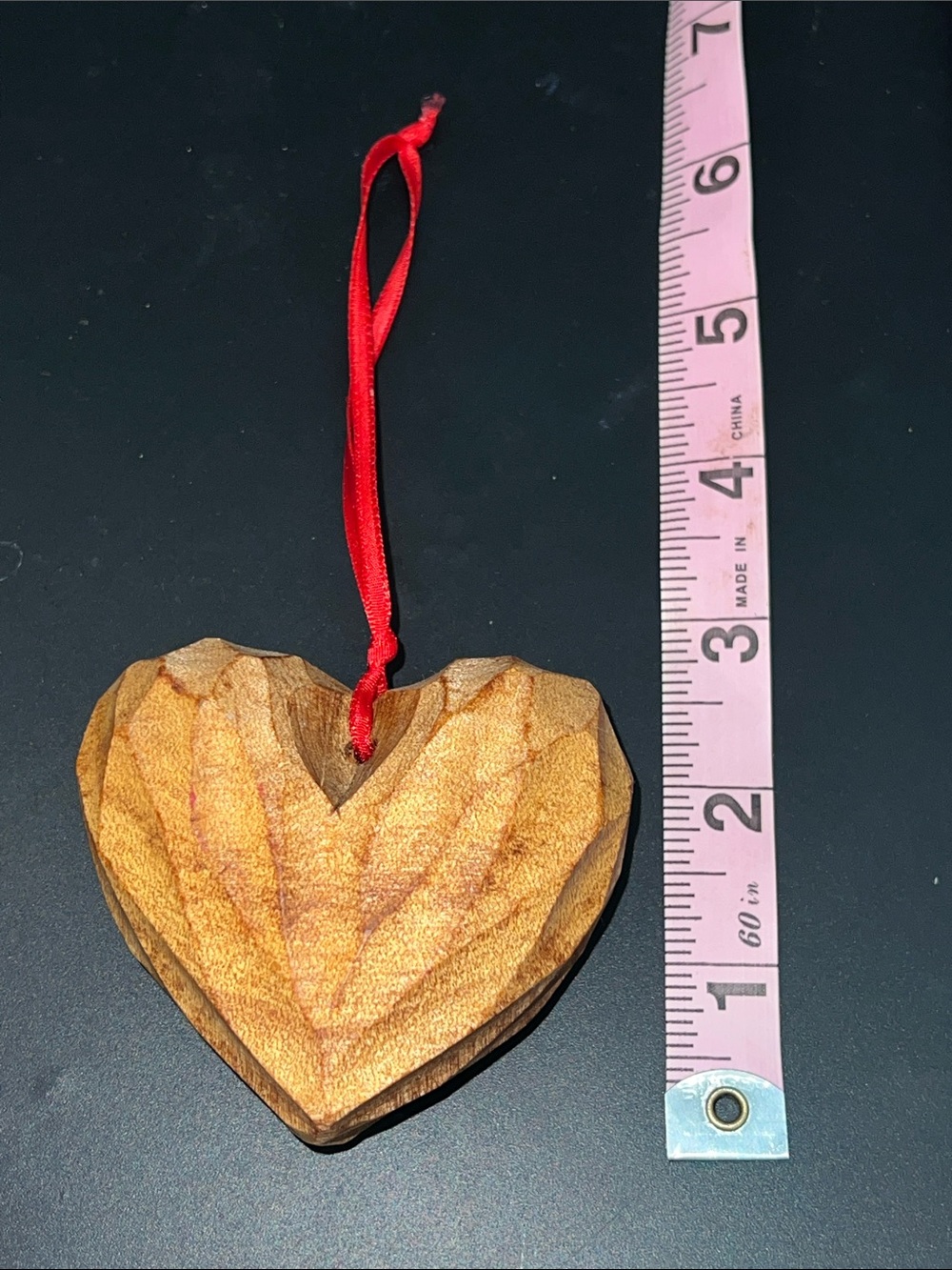 Hand Carved Wooden Heart Ornament Geometric Faceted Wood Art Rustic 3.5"